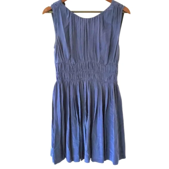 Joie Lora | 100% Blue SILK | Sleeveless | Pleated Smock | Tied V-back | Dress XS - Picture 2 of 13
